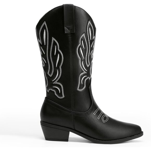 Women's Black-PU Mid Calf Western Embroidery Stitched Faux Leather Cowgirl Boots - Picture 2 of 7